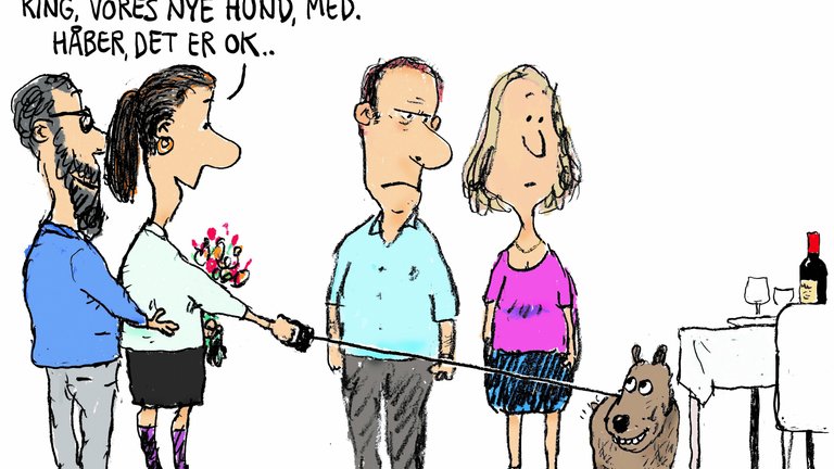 Tegning viser par på besøg hos andet par. Den mandlige gæst har en hund med i snor, der har tisset på gulvet. Han siger: "Tak for invitationen. Vi tog King, vores nye hønsehund, med.Håber, det er ok.