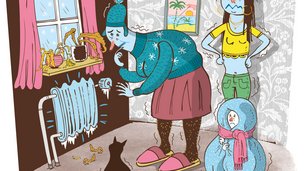 Tegning viser en familie, der er blå af kulde, og hvor en person forsøger at dreje på termostaten på radiatoren, der er dækket med is