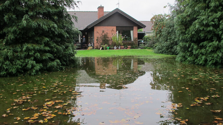 Oversvømmet græsplæne som følge af stigende grundvand