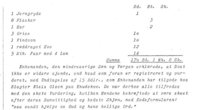 Del af inventarliste fra dødsbo