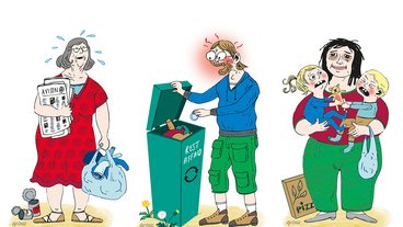 Tegning viser tre forskellige affaldssorteringstyper